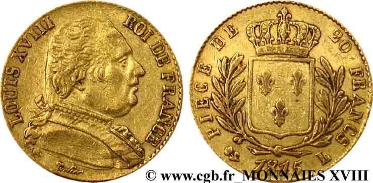 20 francs or Louis XVIII, buste habillé 1815 Bayonne F.517/14 BB 