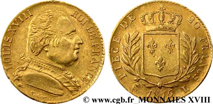 20 francs or Louis XVIII, buste habillé 1815 Bayonne F.517/15 EBC 