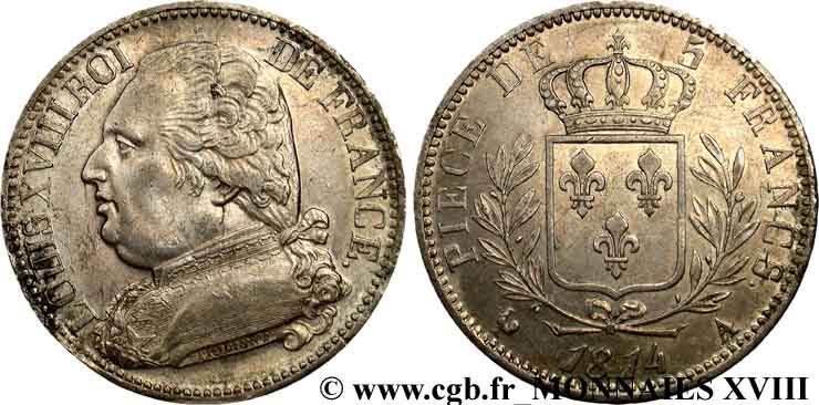5 francs Louis XVIII, buste habillé 1814  Paris F.308/1 SPL 