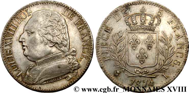 5 francs Louis XVIII, buste habillé 1814  Bayonne F.308/8 SUP 