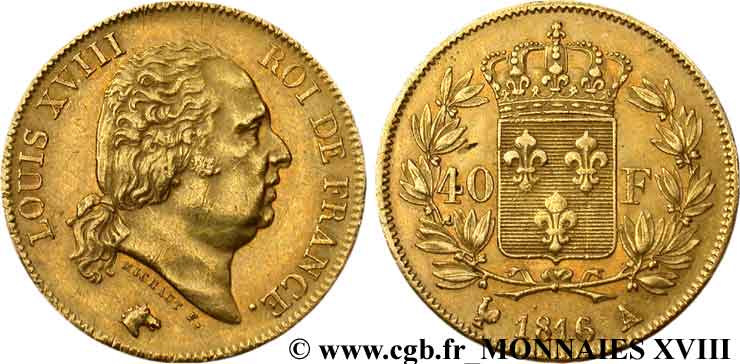 40 francs or Louis XVIII 1816 Paris F.542/1 MBC 