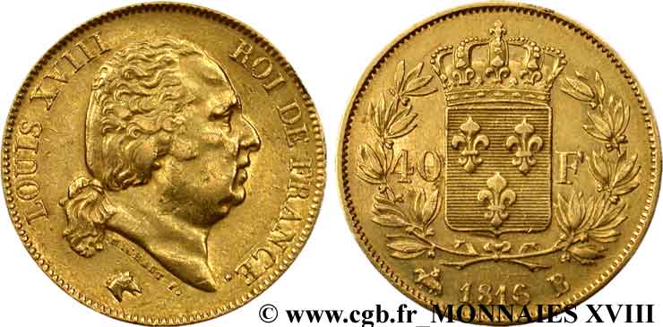 40 francs or Louis XVIII 1816 Rouen F.542/2 XF 