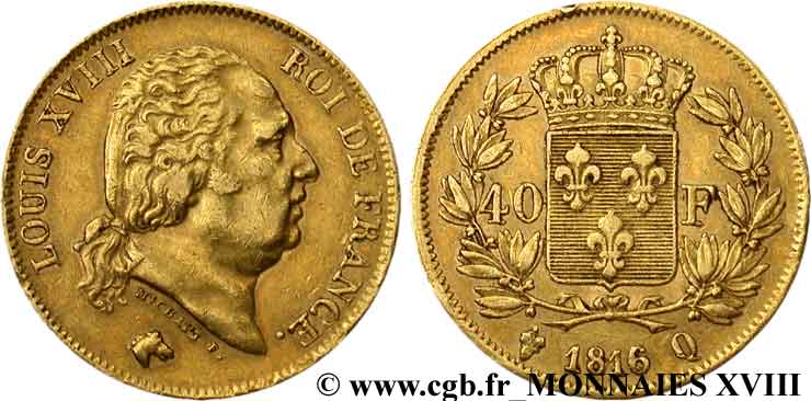 40 francs or Louis XVIII 1816 Perpignan F.542/4 MBC 