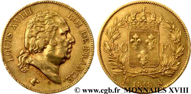 40 francs or Louis XVIII 1818 Paris F.542/7 MBC 