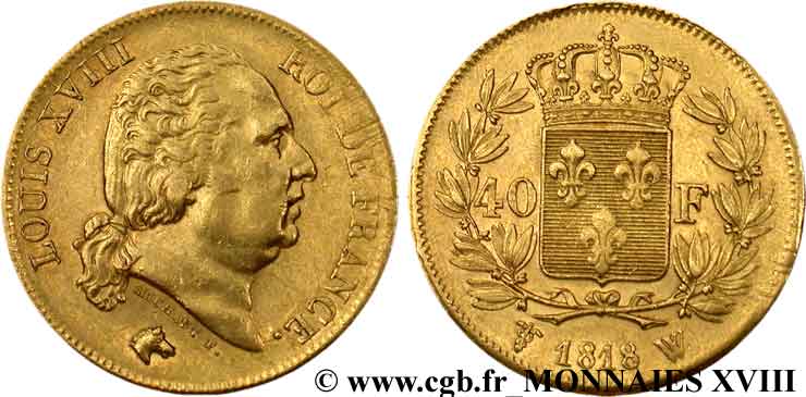 40 francs or Louis XVIII 1818 Lille F.542/8 SS 