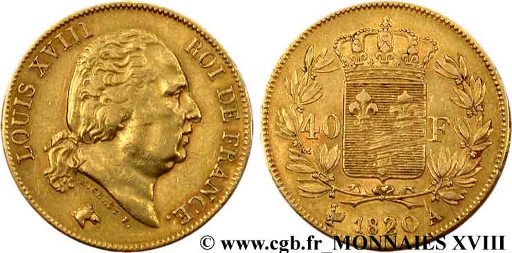 40 francs or Louis XVIII 1820 Paris F.542/10 SS 