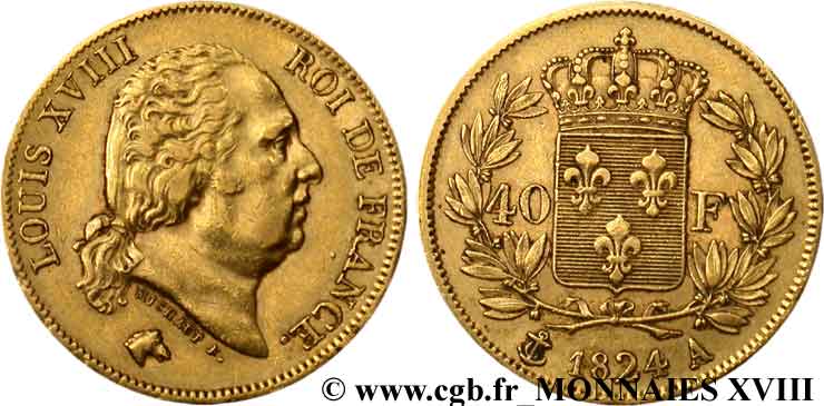 40 francs or Louis XVIII 1824 Paris F.542/14 XF 
