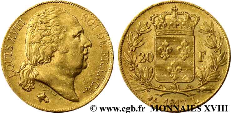 20 francs or Louis XVIII, tête nue 1817 Bayonne F.519/7 BB 
