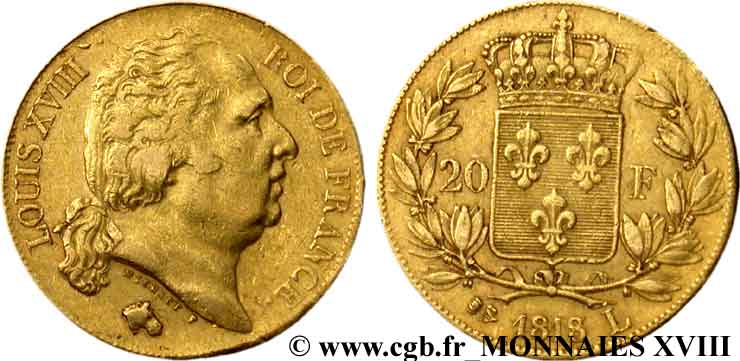 20 francs or Louis XVIII, tête nue 1818 Bayonne F.519/11 VF 