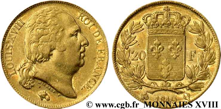 20 francs or Louis XVIII, tête nue 1819 Perpignan F.519/16 XF 