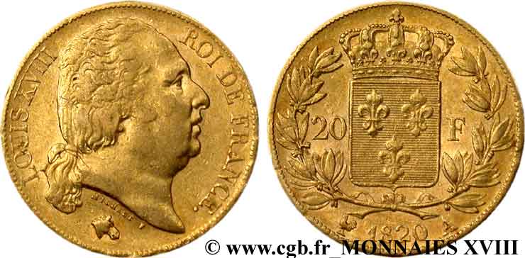 20 francs or Louis XVIII, tête nue 1820 Paris F.519/19 BB 