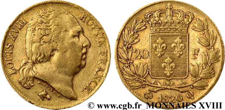 20 francs or Louis XVIII, tête nue 1820 Perpignan F.519/21 MBC 