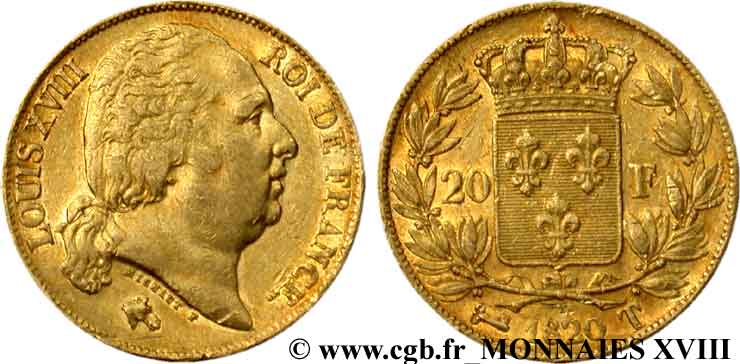 20 francs or Louis XVIII, tête nue 1820 Nantes F.519/22 XF 