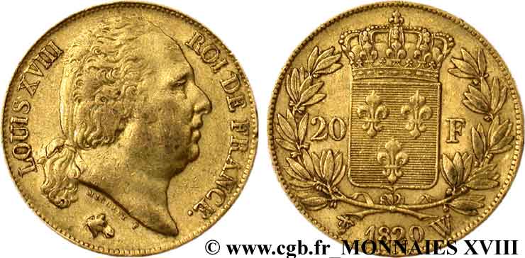 20 francs or Louis XVIII, tête nue 1820 Lille F.519/23 MBC 