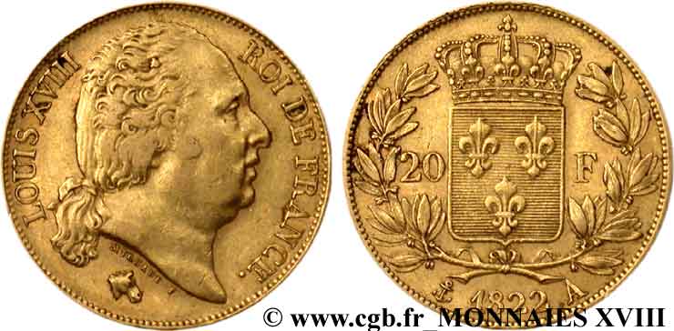 20 francs or Louis XVIII, tête nue 1822 Paris F.519/26 SS 