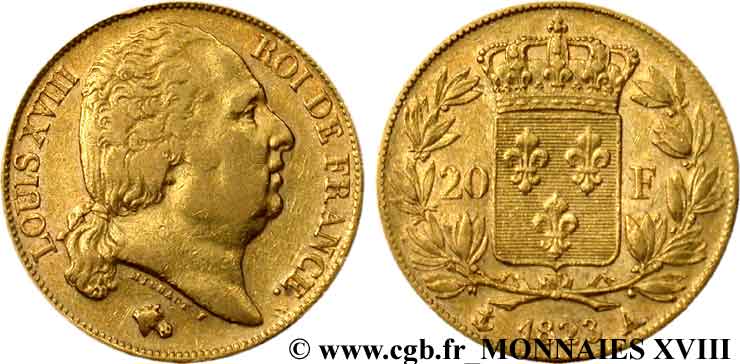 20 francs or Louis XVIII, tête nue 1823 Paris F.519/29 XF 
