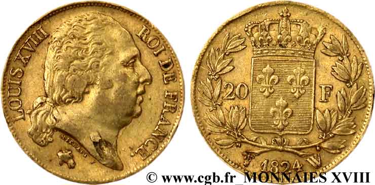 20 francs or Louis XVIII, tête nue 1824 Lille F.519/34 MBC 