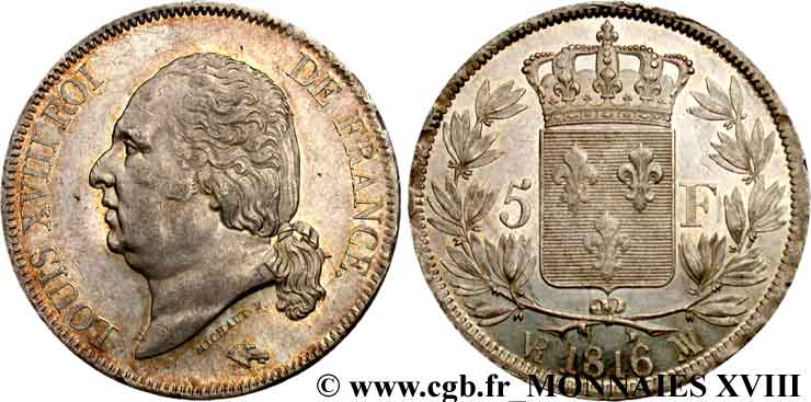 5 francs Louis XVIII tête nue 1816 Marseille F.309/10 SPL 