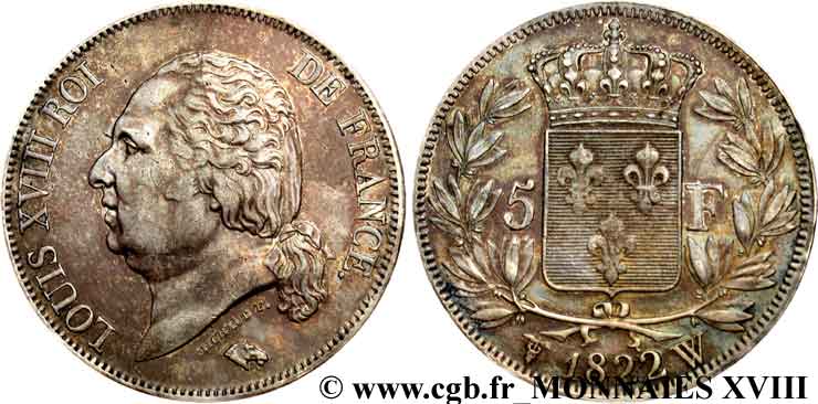5 francs Louis XVIII, tête nue 1822 Lille F.309/75 XF 