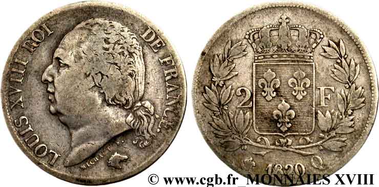 2 francs Louis XVIII 1820 Perpignan F.257/31 TB 