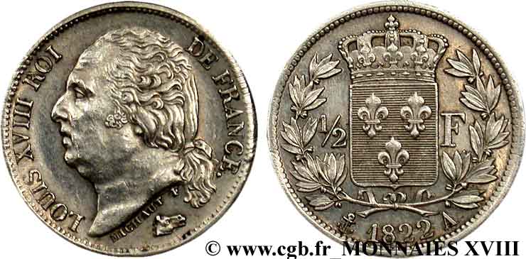 1/2 franc Louis XVIII 1822 Paris F.179/30 EBC 