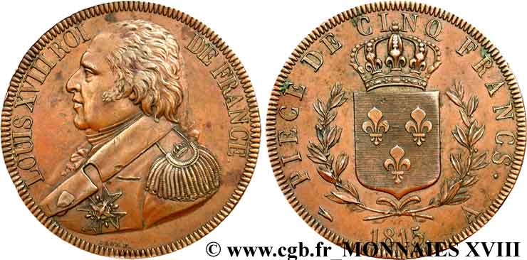 Essai de 5 Francs de Droz, 2e type en cuivre 1815 Paris VG.2445  SUP 