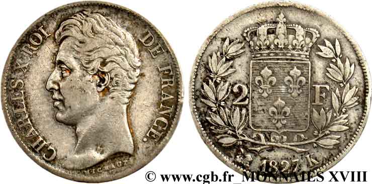 2 francs Charles X 1827 Bordeaux F.258/30 MBC 
