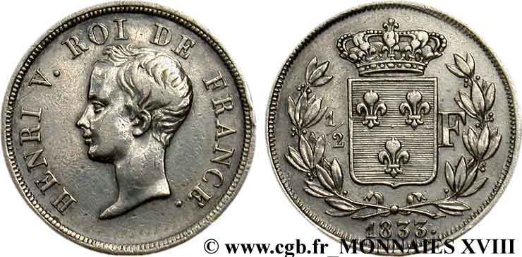 1/2 franc, buste juvénile 1833  VG.2713  MBC 