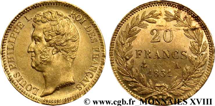 20 francs or Louis-Philippe, Tiolier, tranche inscrite en creux 1831 Paris F.524/2 SPL 