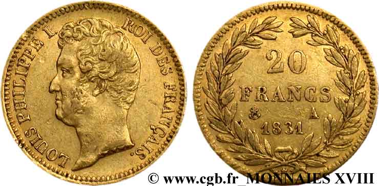 20 francs or Louis-Philippe, Tiolier, tranche inscrite en relief 1831 Paris F.525/2 TTB 