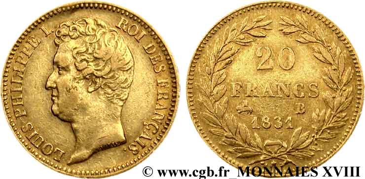 20 francs or Louis-Philippe, Tiolier, tranche inscrite en relief 1831 Rouen F.525/3 SS 