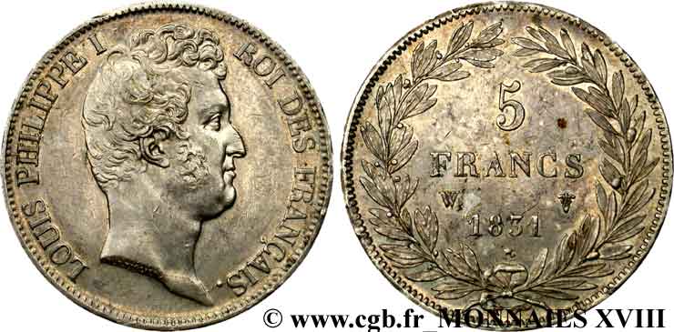 5 francs type Tiolier avec le I, tranche en creux 1831 Lille F.315/27 EBC 