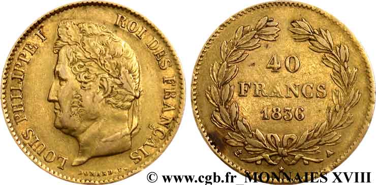 40 francs or Louis-Philippe 1836 Paris F.546/9 MBC 
