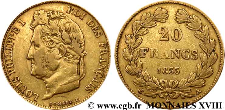 20 francs Louis-Philippe, Domard 1833 Paris F.527/4 XF 