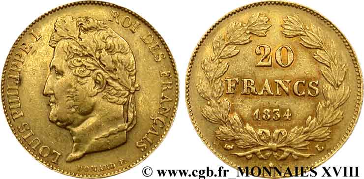 20 francs Louis-Philippe, Domard 1834 Bayonne F.527/9 XF 