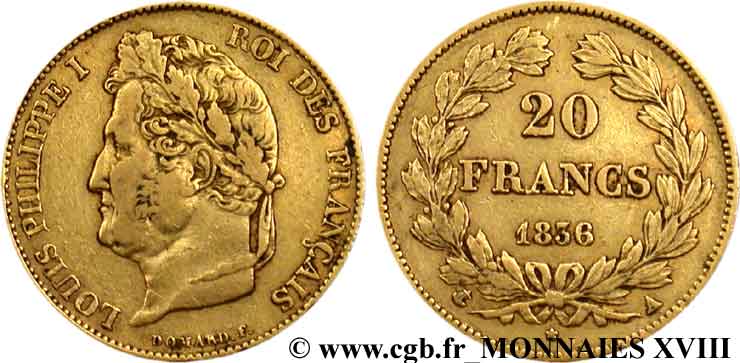 20 francs Louis-Philippe, Domard 1836 Paris F.527/14 XF 
