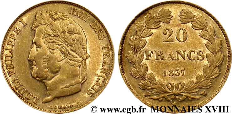 20 francs Louis-Philippe, Domard 1837 Lille F.527/17 XF 