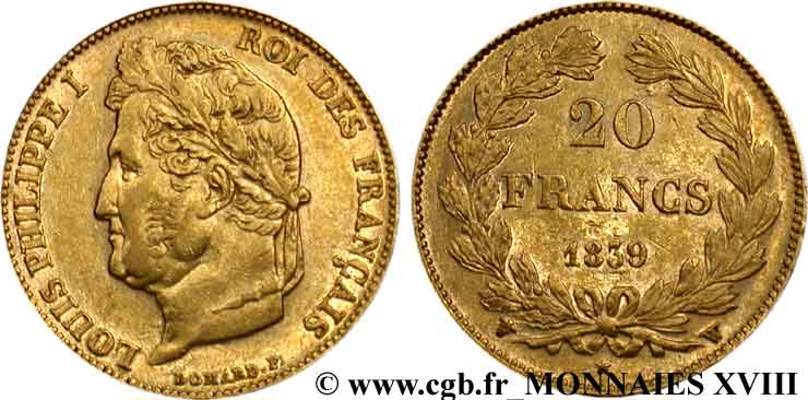 20 francs Louis-Philippe, Domard 1839 Lille F.527/21 XF 