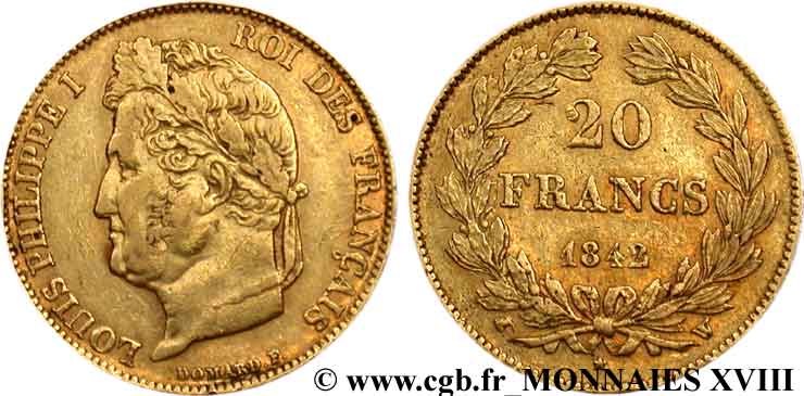 20 francs Louis-Philippe, Domard 1842 Lille F.527/28 BB 