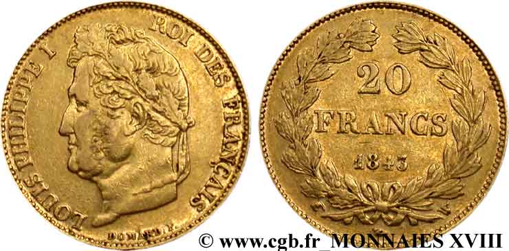 20 francs Louis-Philippe, Domard 1843 Lille F.527/30 BB 