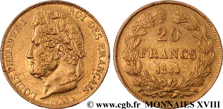 20 francs Louis-Philippe, Domard 1844 Lille F.527/32 XF 