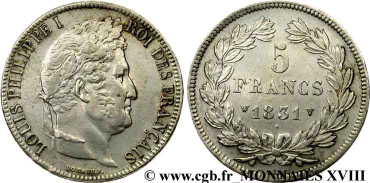 5 francs, Ier type Domard, tranche en relief 1831 Lille F.320/13 MBC 