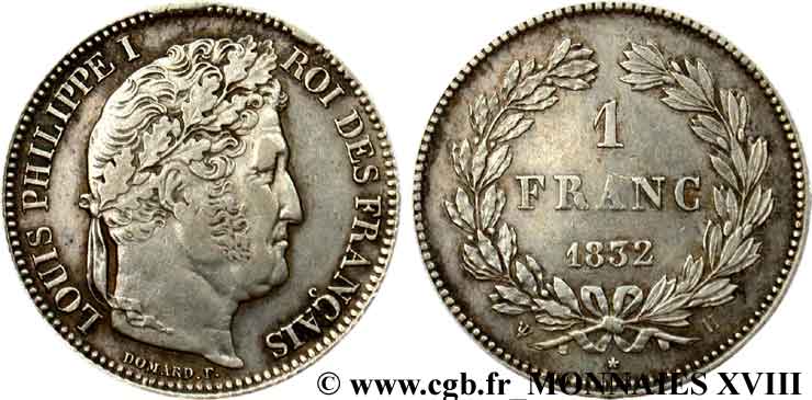 1 franc Louis-Philippe, couronne de chêne 1832 La Rochelle F.210/5 XF 