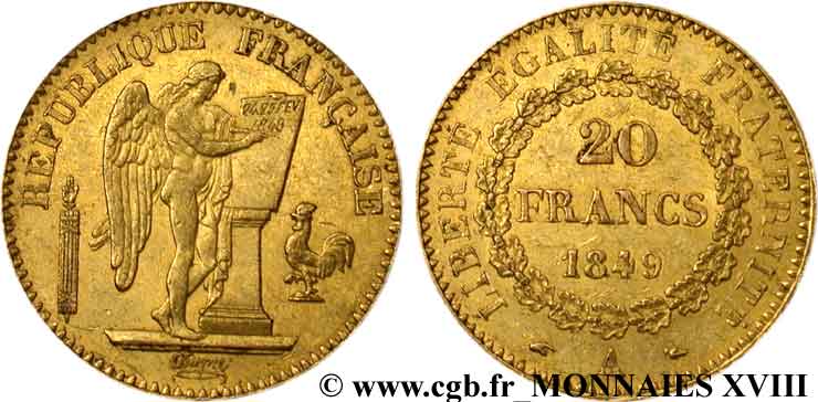 20 francs or Génie, IIe République 1849 Paris F.528/2 MBC 