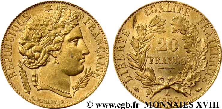 20 francs or Cérès, oreille haute 1850 Paris F.529/2 SUP 