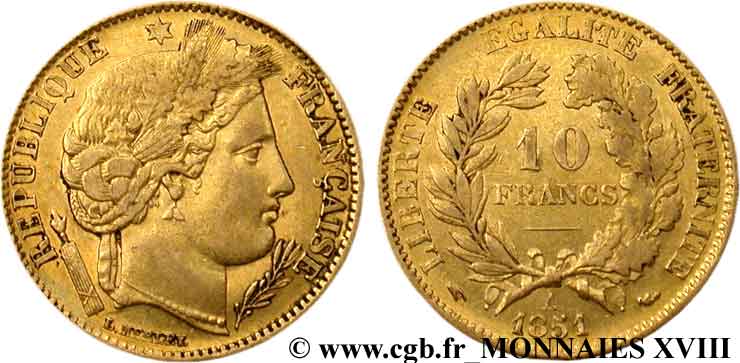10 francs Cérès Deuxième république, levrette oreille basse 1851 Paris F.504/3 XF 