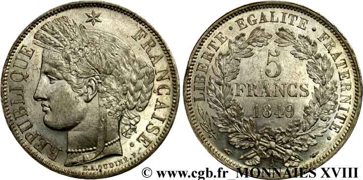 5 francs Cérès Deuxième république 1849 Paris F.327/1 EBC 