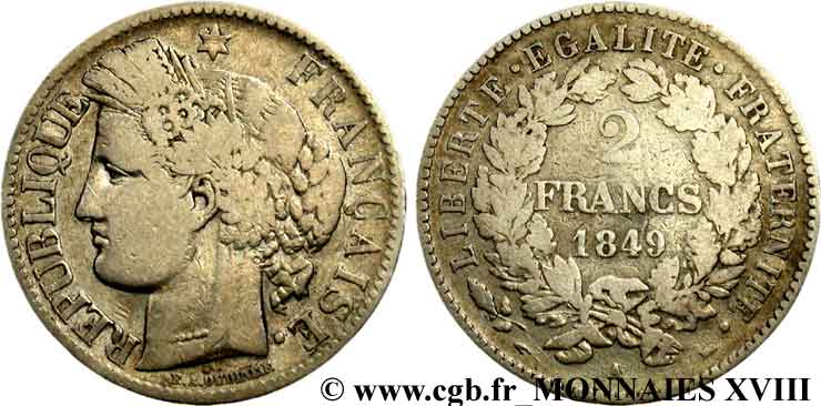 2 francs Cérès Deuxième république 1849  Paris F.261/1 VF 
