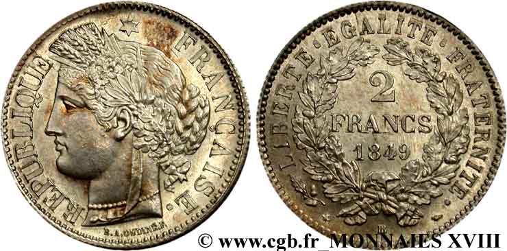2 francs Cérès Deuxième république 1849 Strasbourg F.261/2 SPL 