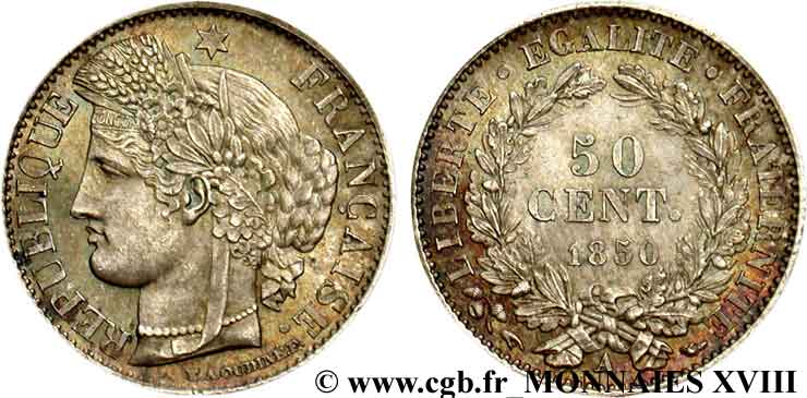50 centimes Cérès Deuxième république 1850 Paris F.184/2 AU 